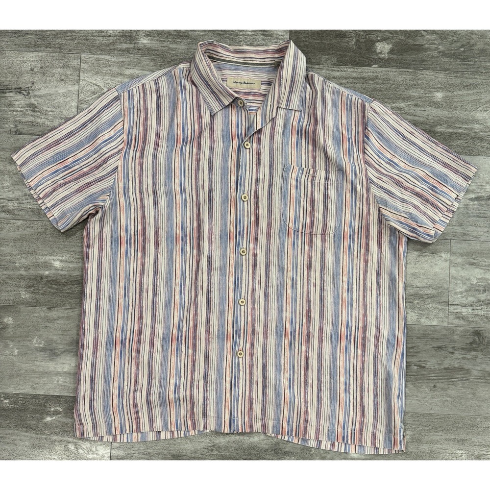 Tommy Bahama Mens 2XL Button Up Striped Short Sleeve Silk Blend Button Shirt